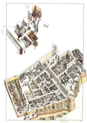 Ricostruzione in vista del taglio dei sotterranei dove si trova il piano dei servizi (abitazioni domestiche, bagni, cucina, scuderie) nel palazzo ducale della città di Urbino, in Italia. Fu costruito dal duca Federico da Montefeltro (Frederic de Mont