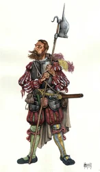 Rappresentazione di un lanzichenecco (Lanzknecht), mercenario tedesco, al servizio di un signore. XVI secolo