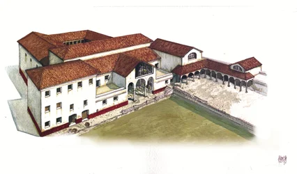 Roman Antiquite: ricostruzione del sito della domus delle Porte Marine (domus di porta marina) a Ostia antica nel IV secolo, Italia.