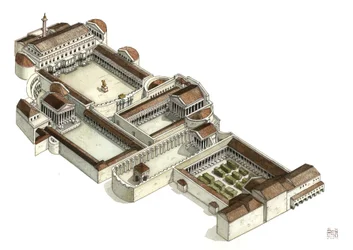Roman antiquite: ricostituzione del foro di Traiano nel III secolo d.C., Roma. Italia.