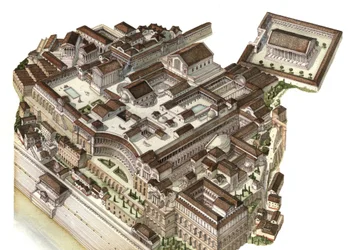 Antichità romane: ricostruzione del Monte Palatino (Colla Palatino) nel IV secolo, gli imperatori successivi (Augusto, Nerone, Severo Settimo) costruirono i loro rispettivi palazzi. Roma Italia