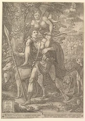Allegoria della caccia, un cacciatore che tiene una grande lancia portando una donna Diana sulle spalle, 1556
