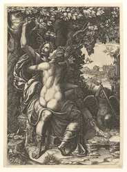 Angelica e Medoro, la coppia che si abbraccia, Medoro incide i loro nomi sulla corteccia di un albero, ca. 1570