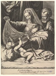 Madonna di Loreto, la Vergine solleva un velo sopra il Bambino, che giace su un letto e un cuscino, 1575