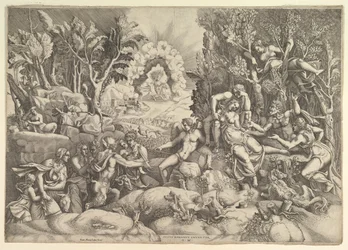 La morte di Procri, Cefalo piange la morte di Procri a destra circondato da..., ca. 1540