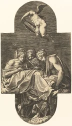 Tre muse e un putto sopra con una lira, da una serie di otto composizioni dopo Fran..., 1560s
