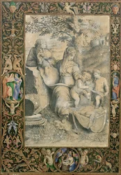Bordo di un Manoscritto Miniato che circonda un disegno dopo La Sacra Famiglia sotto la Quercia di Raffaello (attribuito a Clovio)