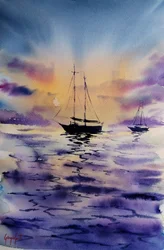Barche a vela al tramonto viola