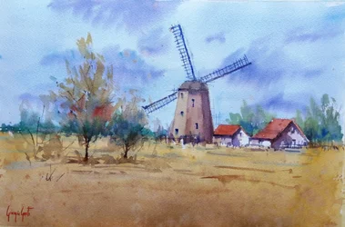 Paesaggio con mulino a vento in stile rustico