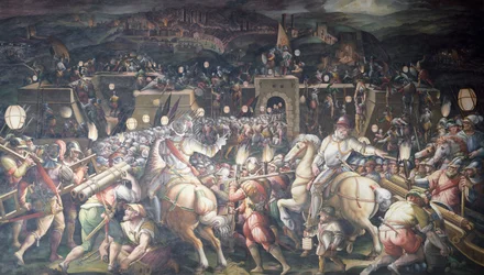 Italia, Firenze, Palazzo Vecchio, Salone dei Cinquecento, Presa del Forte vicino a Porta Camollia a Siena