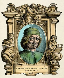 Ritratto di Francesco Francia (1450-1517) pittore italiano. Incisione del trattato “Le Vite dei più eccellenti pittori, scultori e architetti” di Giorgio Vasari
