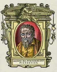 Ritratto di Jacopo (Iacopo) Carrucci detto il Pontormo (1494-1556) pittore italiano. Incisione del trattato "Le vite dei più eccellenti pittori, scultori e architetti" di Giorgio Vasari