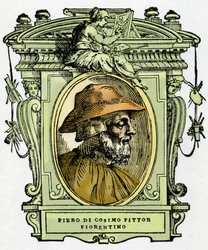 Ritratto di Piero di Cosimo (c.1462-1521?) pittore fiorentino. Incisione del trattato “Le Vite dei più eccellenti pittori, scultori e architetti” di Giorgio Vasari