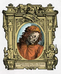 Ritratto di Raffaellino del Garbo (Raffaellino de Carli) (1466-1525) pittore italiano. Incisione del trattato “Le Vite dei più eccellenti pittori, scultori e architetti” di Giorgio Vasari