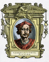Ritratto di Vincenzo Tamagni (Vincenzo da San Gimignano) (1492-1530) pittore italiano. Incisione del trattato “Le Vite dei più eccellenti pittori, scultori e architetti” di Giorgio Vasari