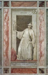 Infedeltà (detta anche Idolatria), figura maschile che si allontana da Dio e tiene un idolo che lo mantiene legato al collo, di Giotto, dettaglio dal ciclo di affreschi I vizi e le virtù, dopo il restauro, Cappella degli Scrovegni, Padova, Veneto, Italia.