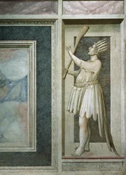 Stoltezza, figura maschile con la bocca chiusa da un lucchetto, una clava nella mano destra e il capo coperto di piume e da una coda di pavone, dettaglio del ciclo di affreschi I Vizi e le Virtù, dopo il restauro del 2002, Cappella degli Scrovegni