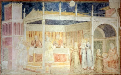 Italia, Firenze, Basilica di Santa Croce, Cappella Peruzzi, Festa di Erode (dettaglio delle Storie di San Giovanni Battista)