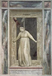 Disperazione, figura femminile che si impicca e diavolo che la afferra per i capelli, di Giotto (1267-1337), dettaglio dal ciclo di affreschi I vizi e le virtù