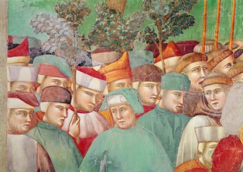 Santa Chiara abbraccia il corpo di San Francesco, dettaglio della folla sul lato destro, 1297-99 (affresco) (dettaglio)