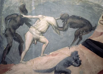 Il Giudizio Universale: Inferno, dettaglio di uno dei dannati preso da due demoni, c.1303-05
