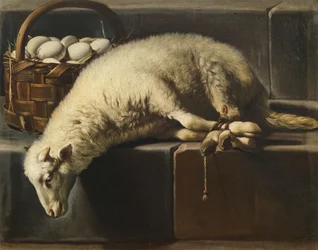 Un agnello legato accanto a un cesto di uova Allegoria della Pasqua, seconda metà del XVII secolo