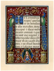 Pagina di testo con la Vergine e due pavoni, ca. 1490.