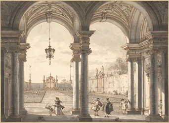 Vista attraverso un colonnato barocco in un giardino, 1760-1768