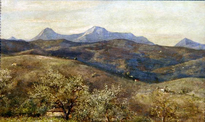 Paesaggio primaverile con vista lontana di Monte Catria: Mattina presto