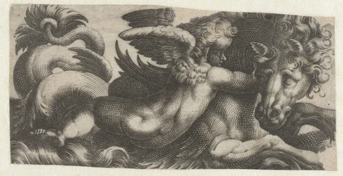 Cavalluccio marino con un putto al collo