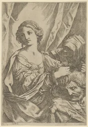 Giuditta che afferra per i capelli la testa di Oloferne e guarda a sinistra