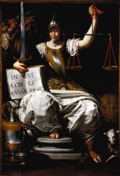 Allegoria della Giustizia come donna con spada e bilancia. Dipinto di Giovanni Andrea de Ferrari (circa 1598-1669), XVII secolo, Genova, Galleria di Palazzo Bianco