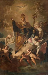 Transetto sud, Altare di San Benedetto, San Benedetto in Gloria mentre benedice la città, Pala d