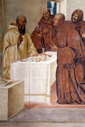Benedetto rompe un bicchiere di vino avvelenato facendo il segno della croce (dettaglio) affresco del chiostro realizzato da Giovan Antonio Bazzi detto il Sodoma (1477-1549) che racconta la vita di San Benedetto da Norcia (480 - 567) fondatore dell