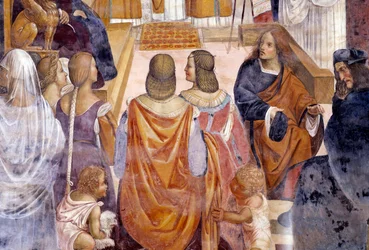 Benedetto scomunica due suore e le assolve dopo la loro morte (dettaglio). Affresco del chiostro di Antonio Bazzi detto il Sodoma (1477 - 1549) che racconta la vita di San Benedetto da Norcia (480 - 567) fondatore dell