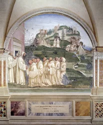 Benedetto fa scaturire una fonte sulla cima della montagna (affresco del chiostro di Antonio Bazzi detto il Sodoma)