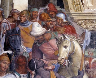 Come Benedetto incontra i due giovani romani Mauro e Placido. Dettaglio di un affresco del chiostro di Antonio Bazzi, detto Il Sodoma (1477-1549), che racconta la vita di san Benedetto da Norcia (480-567)