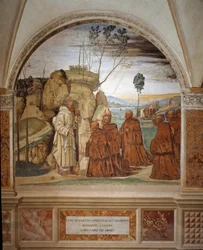 Come Benedetto risponde alla preghiera degli eremiti e accetta di essere il loro capo Affresco del chiostro realizzato da Antonio Bazzi detto il Sodoma (1477 - 1549) che racconta la vita di San Benedetto da Norcia (480 - 567) fondatore dell