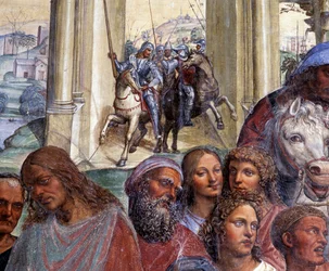 Come Benedetto incontra i giovani romani Mauro e Placido. Dettaglio del seguito di giovani uomini che lasciano Roma - affresco nel chiostro di Antonio Bazzi, detto Il Sodoma (1477-1549), che racconta la vita di san Benedetto