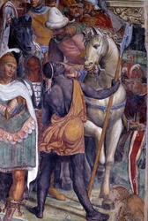 Come Benedetto incontra i due giovani romani Mauro e Placido. Dettaglio del seguito di giovani uomini - affresco nel chiostro di Antonio Bazzi, detto Il Sodoma (1477-1549), che racconta la vita di san Benedetto