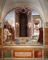 Come un prete portò cibo a Benedetto a Pasqua - Affresco del chiostro realizzato da Antonio Bazzi detto il Sodoma (1477 - 1549) che racconta la vita di San Benedetto da Norcia (480 - 567) fondatore dell