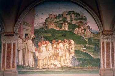 San Benedetto supplicato dai monaci, produce acqua dalla cima della montagna, scena da Storie di San Benedetto di Monte Oliveto Maggiore