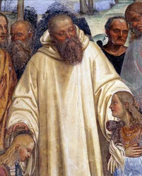 San Benedetto riceve i due giovani romani Mauro e Placido. Dettaglio di un affresco del chiostro di Antonio Bazzi, detto Il Sodoma (1477-1549), che racconta la vita di san Benedetto da Norcia (480-567)