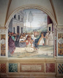 San Benedetto porta il corpo di Cristo sul corpo del monaco che la terra rifiuta di seppellire affresco del chiostro realizzato da Antonio Bazzi detto il Sodoma (1477 - 1549) che racconta la vita di San Benedetto da Norcia (480 - 567) fondatore dell