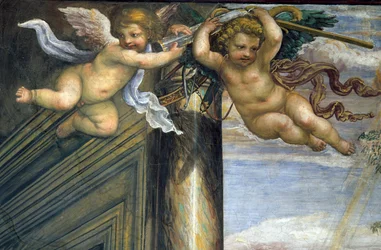 Sala delle Nozze di Alessandro e Rossana, dettaglio di due putti volanti (dettaglio)
