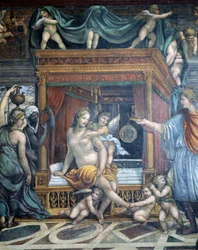 Sala delle Nozze di Alessandro e Rossana, dettaglio di Rossana nella sua camera da letto presentata con una corona da Alessandro (dettaglio)