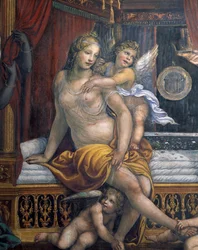 Sala delle Nozze di Alessandro e Rossana, dettaglio di Rossana seduta sul suo letto (dettaglio)