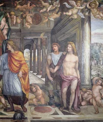 Sala delle Nozze di Alessandro e Rossana, dettaglio di Alessandro e due attendenti maschi con putti sopra (dettaglio)