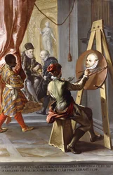 Fabio Albergati ricevuto da Filippo II di Spagna, mentre un artista esegue segretamente il suo ritratto su istruzioni del re