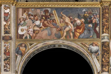 Navata centrale, seconda campata sud, Gesù cade sotto la croce, Il Pordenone